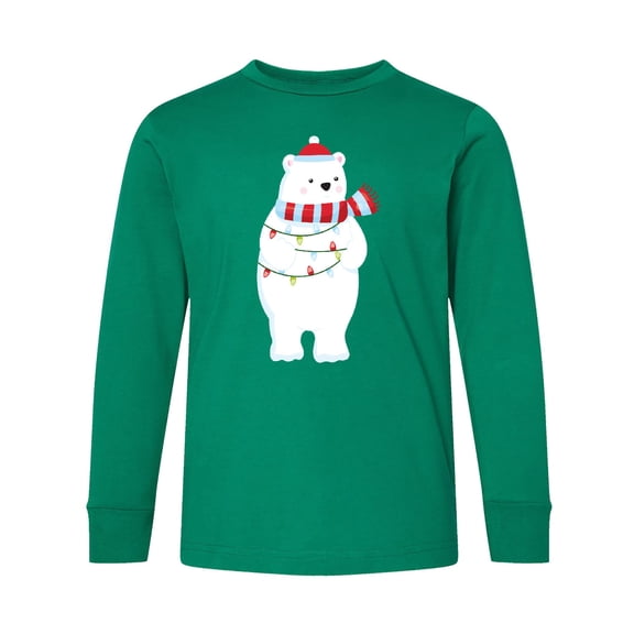 Inktastic Christmas Bear, Polar Bear, Hat, Christmas Lights Long Sleeve Youth T-Shirt