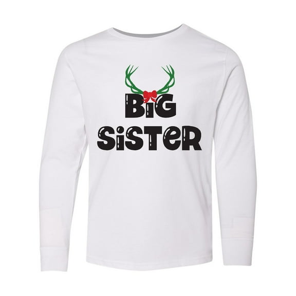 Inktastic Christmas, Big Sister, Antlers, Bow, Xmas, Typography Long Sleeve Youth T-Shirt