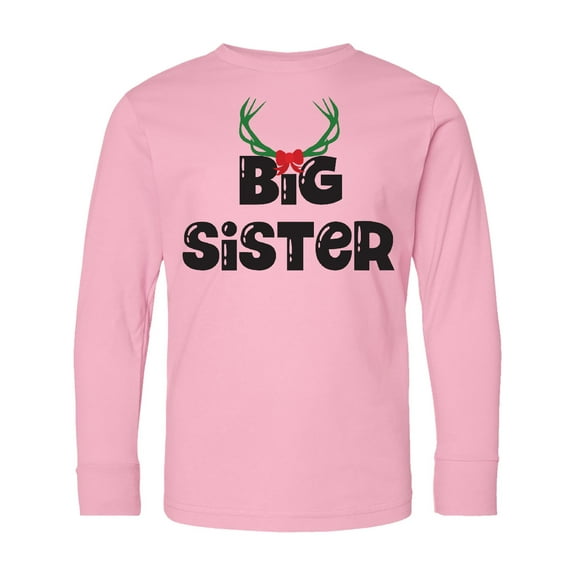 Inktastic Christmas, Big Sister, Antlers, Bow, Xmas, Typography Long Sleeve Youth T-Shirt