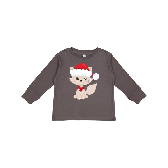 Inktastic Christmas Cat, Cute Cat, Beige Cat, Santa Hat, Xmas Girls Long Sleeve Toddler T-Shirt