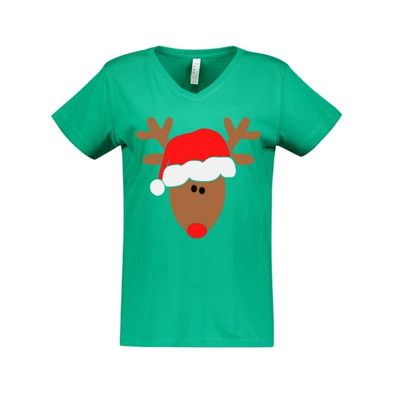 Inktastic Christmas Cute Reindeer in Santa Hat Women's V-Neck T-Shirt