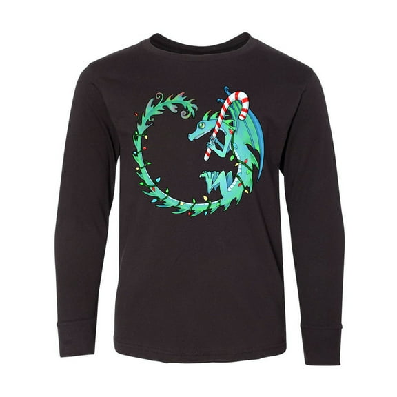 Inktastic Christmas Dragon with Candy Cane Long Sleeve Youth T-Shirt