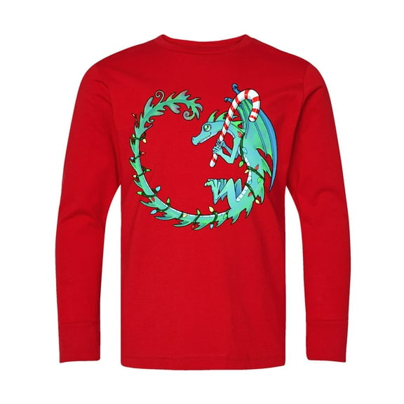 Inktastic Christmas Dragon with Candy Cane Long Sleeve Youth T-Shirt