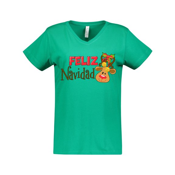 Inktastic Christmas Feliz Navidad with Cute Reindeer Women's V-Neck T-Shirt