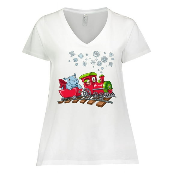 Inktastic Christmas Hippopotamus on a Train Women's Plus Size V-Neck T-Shirt