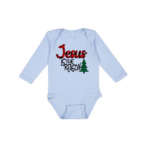 Inktastic Christmas Jesus is the Reason with Green Plaid Tree Boys or Girls Long Sleeve Baby Bodysuit