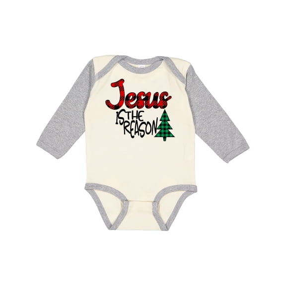 Inktastic Christmas Jesus is the Reason with Green Plaid Tree Boys or Girls Long Sleeve Baby Bodysuit