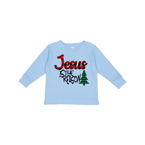 Inktastic Christmas Jesus is the Reason with Green Plaid Tree Boys or Girls Long Sleeve Toddler T-Shirt