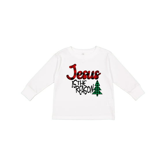 Inktastic Christmas Jesus is the Reason with Green Plaid Tree Boys or Girls Long Sleeve Toddler T-Shirt