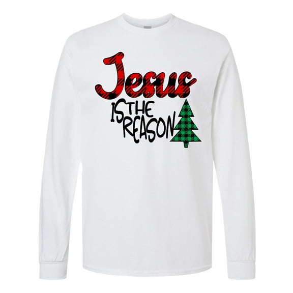 Inktastic Christmas Jesus is the Reason with Green Plaid Tree Long Sleeve T-Shirt