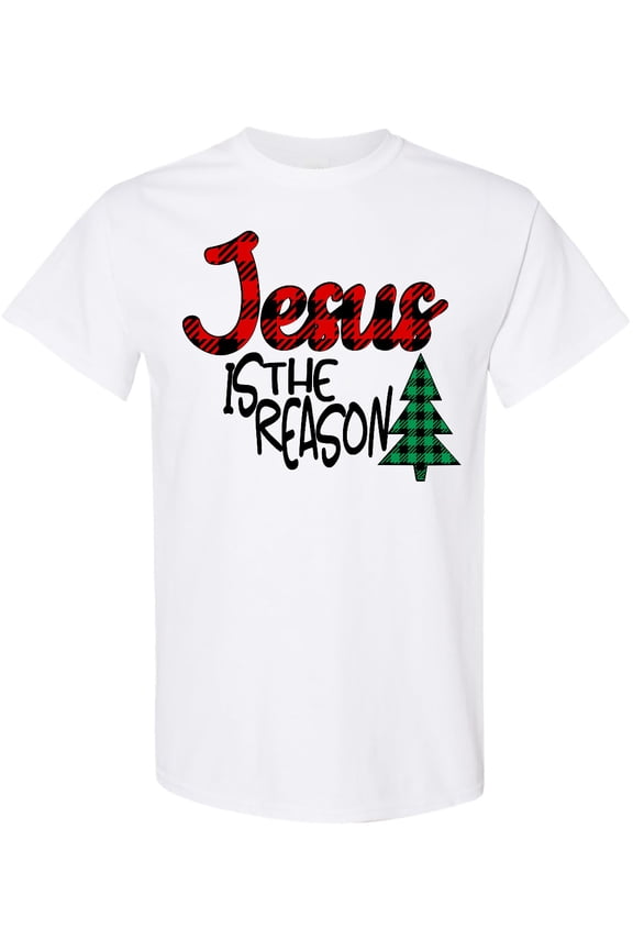 Christmas Jesus is the Reason with Green Plaid Tree T-Shirt