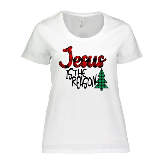 Inktastic Christmas Jesus is the Reason with Green Plaid Tree Women's Plus Size T-Shirt