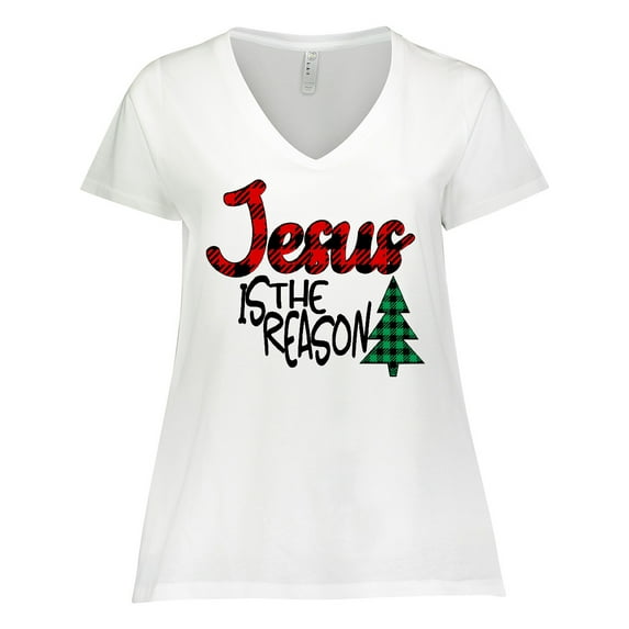 Inktastic Christmas Jesus is the Reason with Green Plaid Tree Women's Plus Size V-Neck T-Shirt