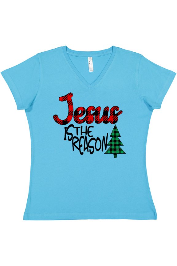 Christmas Jesus is the Reason with Green Plaid Tree Women's V-Neck T-Shirt