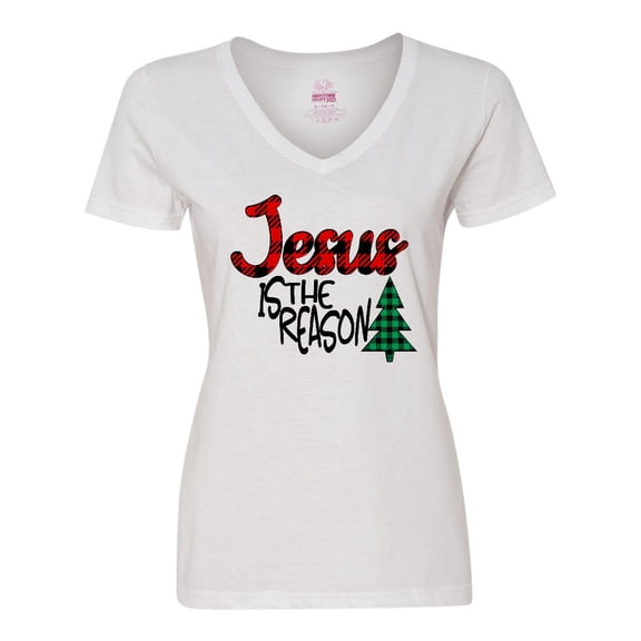Inktastic Christmas Jesus is the Reason with Green Plaid Tree Women's V-Neck T-Shirt