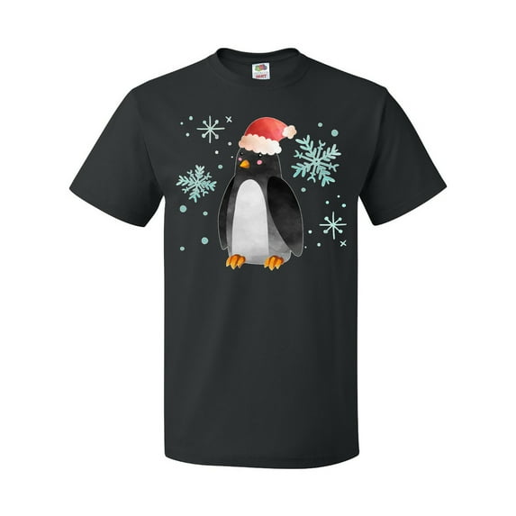 Inktastic Christmas Penguin in Red Santa Hat with Snowflakes T-Shirt