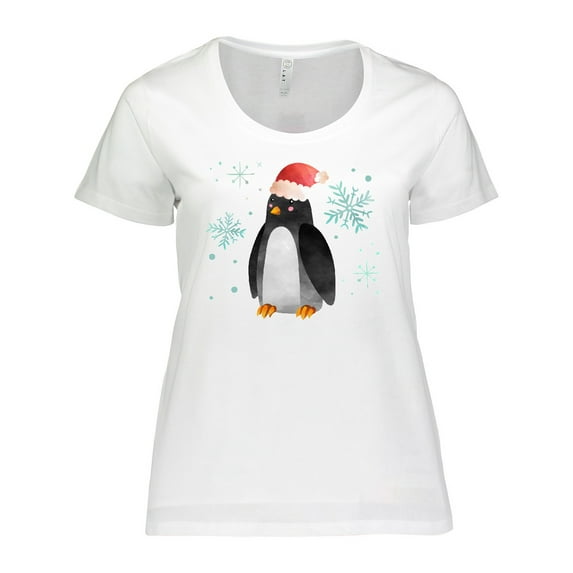 Inktastic Christmas Penguin in Red Santa Hat with Snowflakes Women's Plus Size T-Shirt