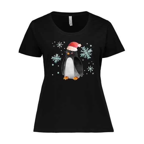Inktastic Christmas Penguin in Red Santa Hat with Snowflakes Women's Plus Size T-Shirt