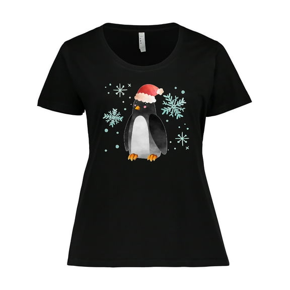 Inktastic Christmas Penguin in Red Santa Hat with Snowflakes Women's Plus Size T-Shirt