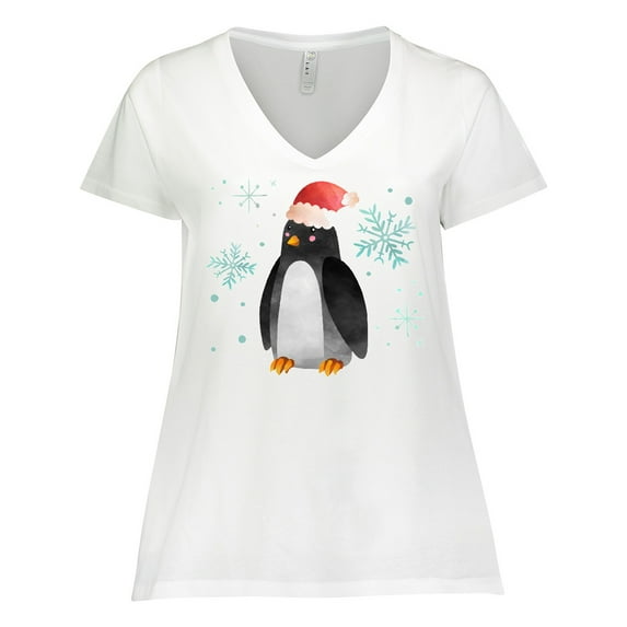 Inktastic Christmas Penguin in Red Santa Hat with Snowflakes Women's Plus Size V-Neck T-Shirt
