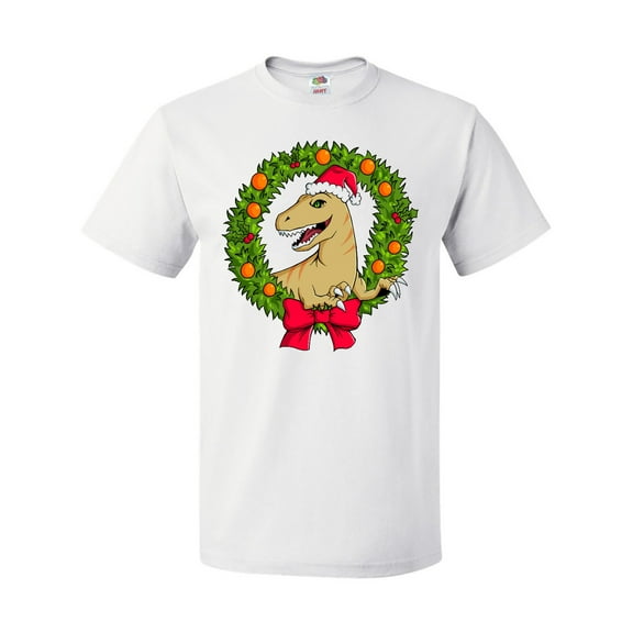 Inktastic Christmas Raptor in Santa Hat with Wreath T-Shirt