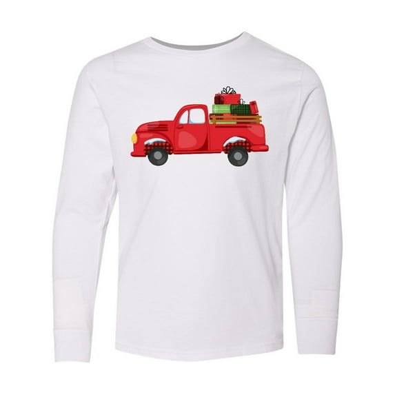 Inktastic Christmas Red Vintage Truck with Presents Long Sleeve Youth T-Shirt
