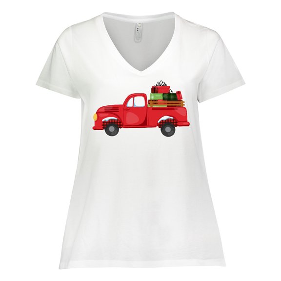 Inktastic Christmas Red Vintage Truck with Presents Women's Plus Size V-Neck T-Shirt