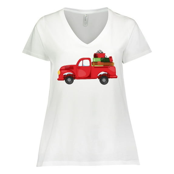 Inktastic Christmas Red Vintage Truck with Presents Women's Plus Size V-Neck T-Shirt