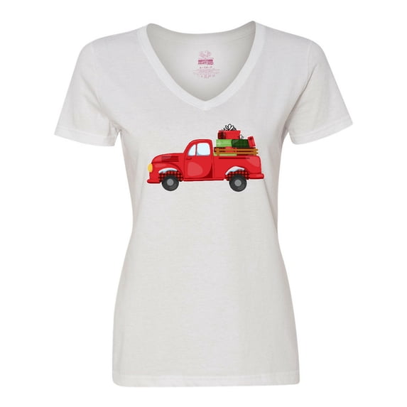 Inktastic Christmas Red Vintage Truck with Presents Women's V-Neck T-Shirt
