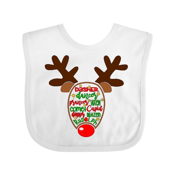 Inktastic Christmas Reindeer Face with Names and Red Nose Boys or Girls Baby Bib