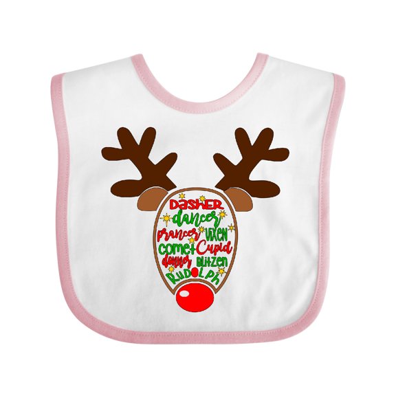 Inktastic Christmas Reindeer Face with Names and Red Nose Boys or Girls Baby Bib