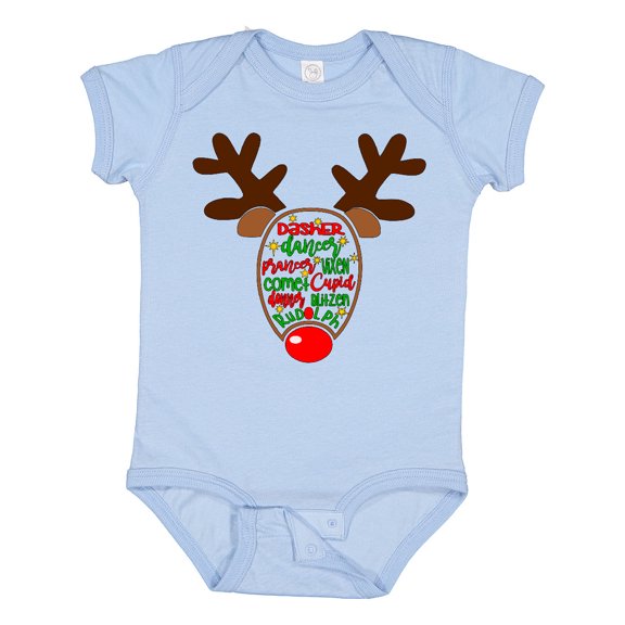 Inktastic Christmas Reindeer Face with Names and Red Nose Boys or Girls Baby Bodysuit