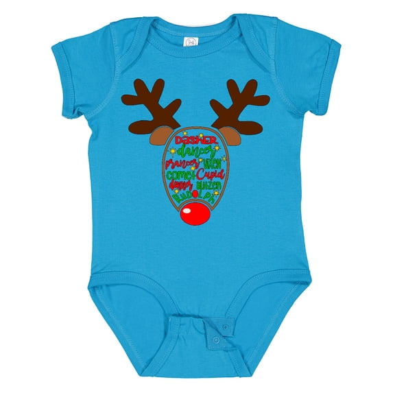 Inktastic Christmas Reindeer Face with Names and Red Nose Boys or Girls Baby Bodysuit