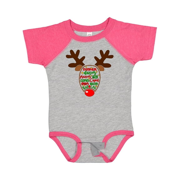 Inktastic Christmas Reindeer Face with Names and Red Nose Boys or Girls Baby Bodysuit