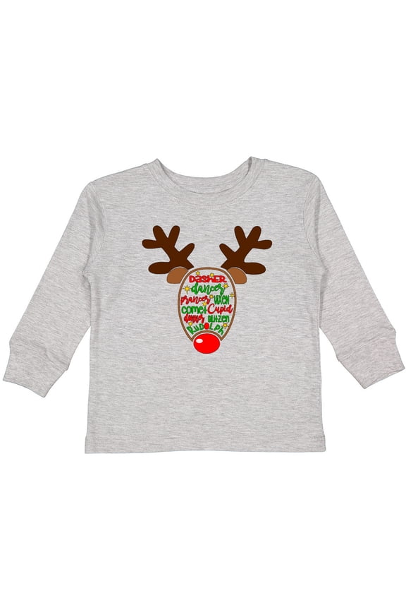 Christmas Reindeer Face with Names and Red Nose Boys or Girls Long Sleeve Toddler T-Shirt