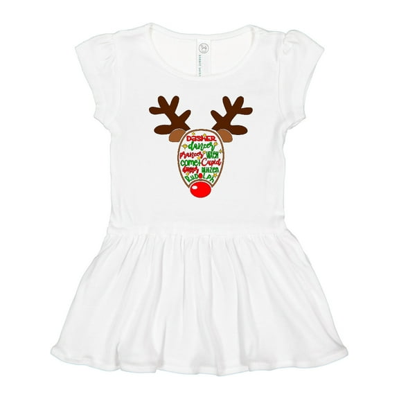 Inktastic Christmas Reindeer Face with Names and Red Nose Girls Toddler Dress