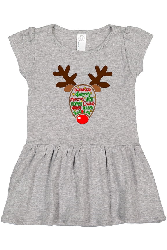 Christmas Reindeer Face with Names and Red Nose Girls Toddler Dress