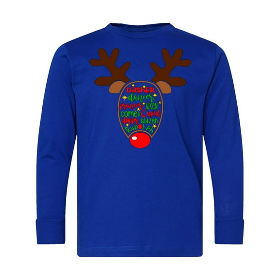 Inktastic Christmas Reindeer Face with Names and Red Nose Long Sleeve Youth T-Shirt