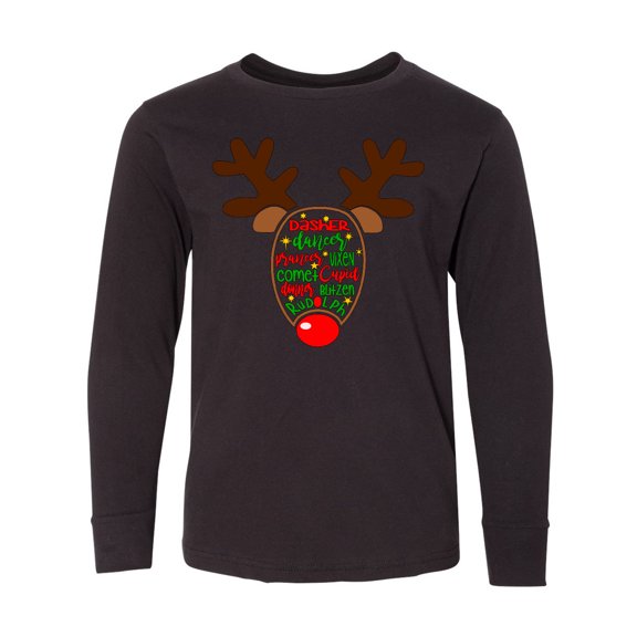 Inktastic Christmas Reindeer Face with Names and Red Nose Long Sleeve Youth T-Shirt