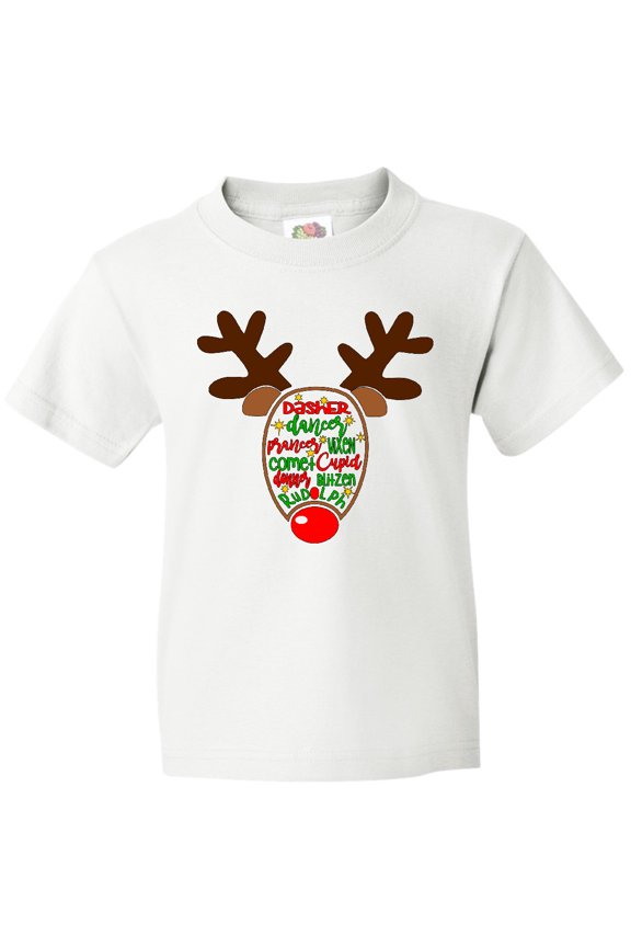 Christmas Reindeer Face with Names and Red Nose Youth T-Shirt