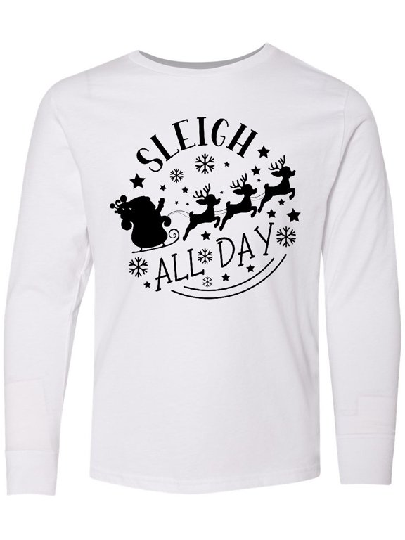 Christmas, Sleigh All Day, Santa Claus, Reindeer, Typography Long Sleeve Youth T-Shirt
