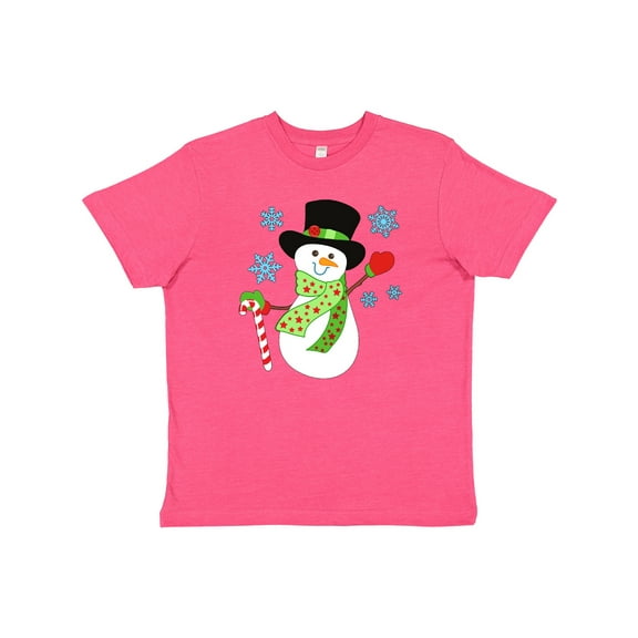 Inktastic Christmas Snowman in Top Hat with Candy Cane Youth T-Shirt