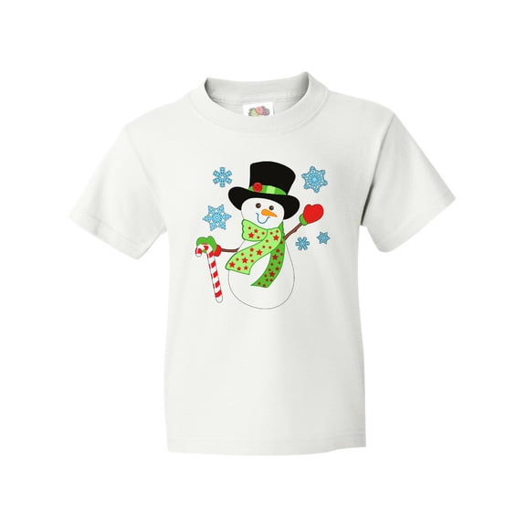 Inktastic Christmas Snowman in Top Hat with Candy Cane Youth T-Shirt