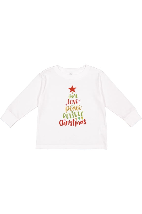 Christmas Tree, Joy Love Peace Believe, Stars, Typography Boys or Girls Long Sleeve Toddler T-Shirt