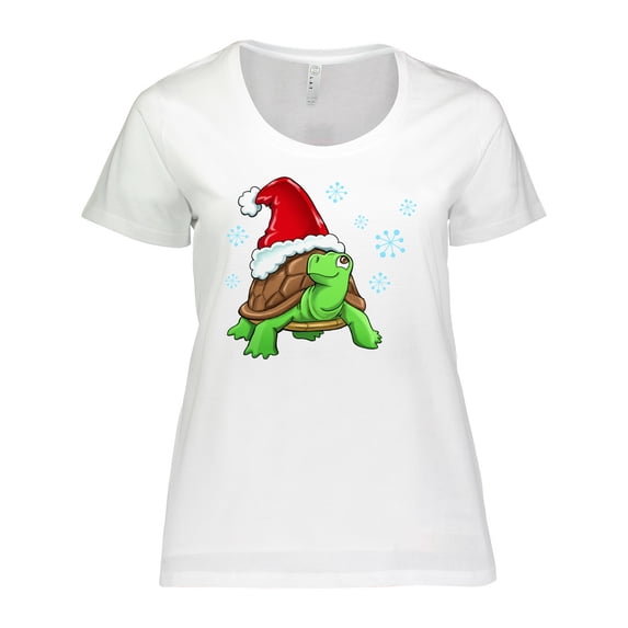 Inktastic Christmas Turtle in with Santa Hat and Snowflakes Women's Plus Size T-Shirt