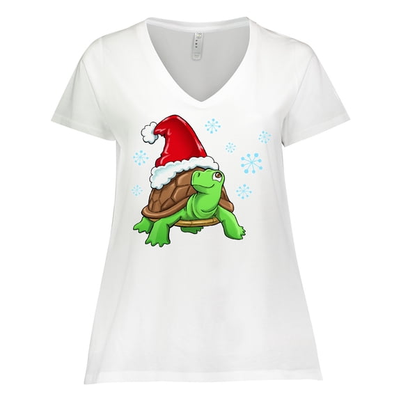Inktastic Christmas Turtle in with Santa Hat and Snowflakes Women's Plus Size V-Neck T-Shirt