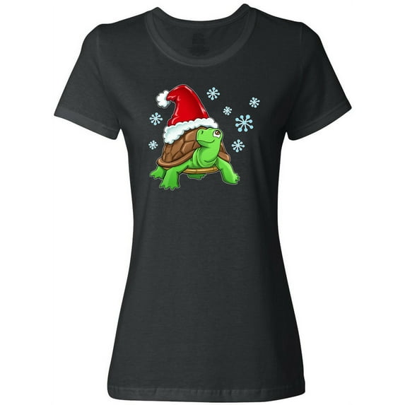 Inktastic Christmas Turtle in with Santa Hat and Snowflakes Women's T-Shirt