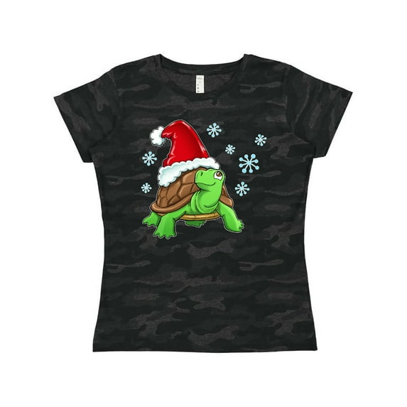 Inktastic Christmas Turtle in with Santa Hat and Snowflakes Women's T-Shirt