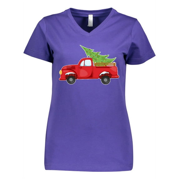 Inktastic Christmas Vintage Truck with Christmas Tree Women's V-Neck T-Shirt