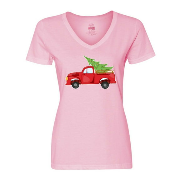 Inktastic Christmas Vintage Truck with Christmas Tree Women's V-Neck T-Shirt
